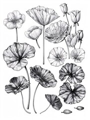 A set of hand-drawn illustrations of Centella asiatica flower leaves in black and white, perfect for labeling or packaging, with an engraved design.