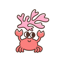 Funny sea crab with cute coral. Colorful vector illustration crustacean animal. Sea creature with funny eyes. Smiling cartoon character isolated on white background