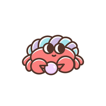recommend clip art: Funny red crab with cute shell and pearl. Sea creature with funny eyes. Colorful vector illustration crustacean animal. Smiling cartoon character isolated on white background