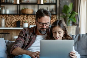 Joyful dad and daughter utilizing laptop on the couch in household area. - 774792715