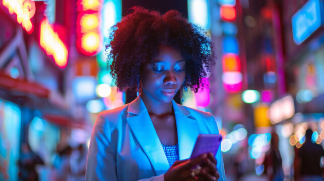 A woman uses a smartphone, illuminated by the neon city lights at night.