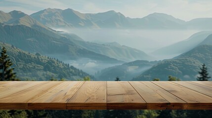 Empty beautiful wood tabletop counter on interior in clean and bright mountain background