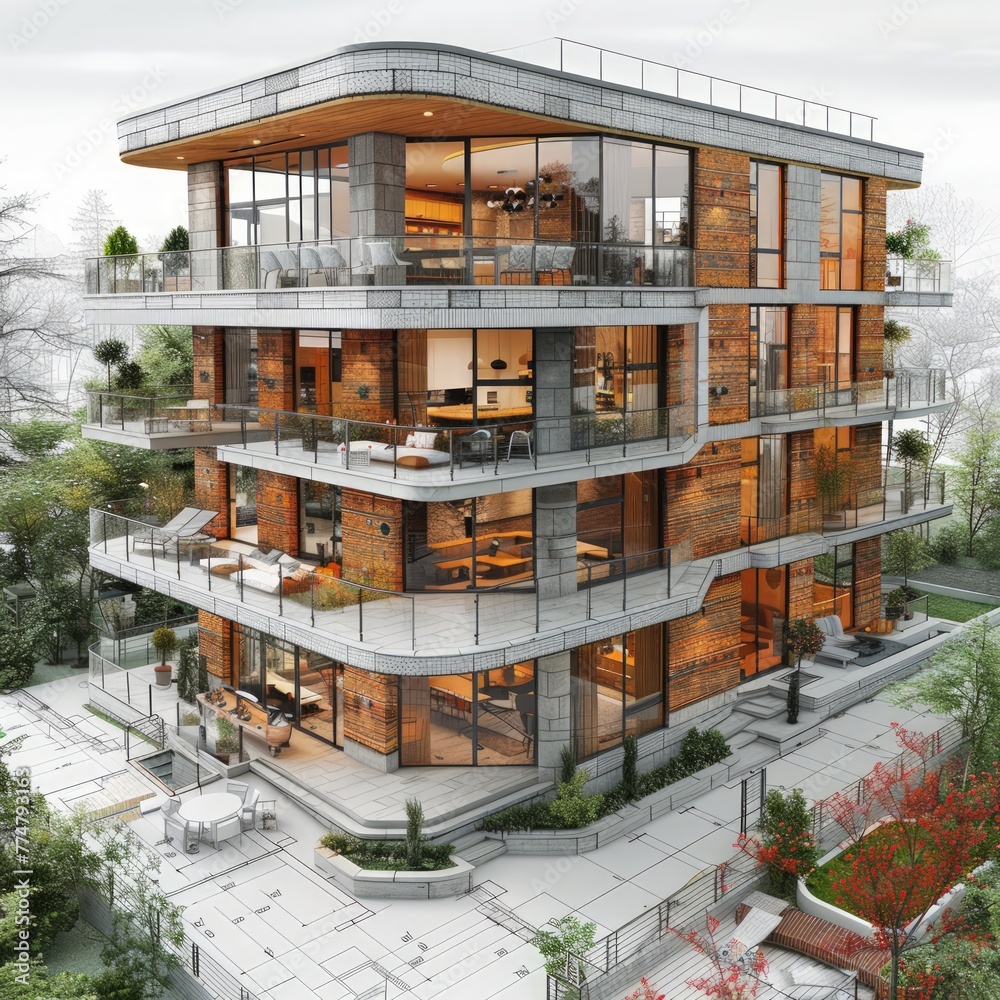 Fototapete residential building architecture project with mock up and blueprints