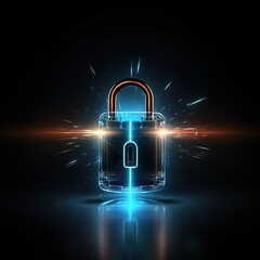 Padlock made up of blue neon lines on dark background.