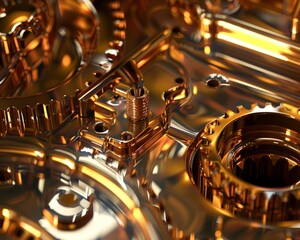 Shiny oil reflecting light on brass gears - obrazy, fototapety, plakaty