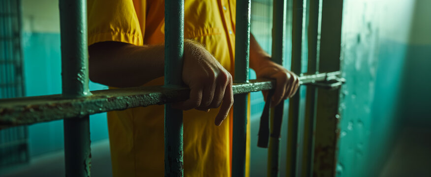 Inmate in orange jumpsuit holding onto jail cell bars