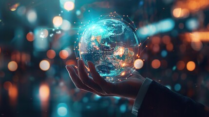A businessman interacts with a virtual holographic globe, symbolizing global business strategy. It reflects the integration of technology and business acumen in the global market. - obrazy, fototapety, plakaty