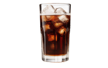 Tall glass filled with ice and bubbling cola drink