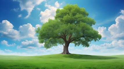 Fototapeta na wymiar Tree in Fantasy World, A blue sky and Green Field. Natural Landscape