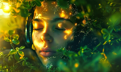 Fototapeta premium Serene Musical Escape: Woman Immersed in Nature's Harmony, Embracing the Relaxing Power of Melodic Sounds