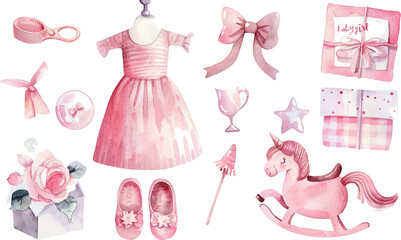 watercolor cute pink baby girl and accessories set, developed for newborn with text "babygirl", white background