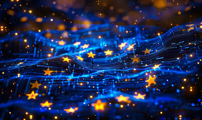 Digital European Union Flag Composed of Stars Shining Across a Network of Dynamic Data Points, Symbolizing Connectivity and Unity - obrazy, fototapety, plakaty