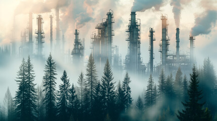 Fototapeta premium Industrial refinery amidst foggy forest landscape at dawn