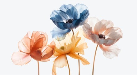 A vibrant mix of colorful flowers sit in a row on a white background