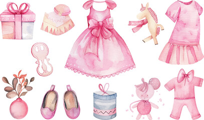 watercolor cute pink baby girl and accessories set, developed for newborn with text "babygirl", white background