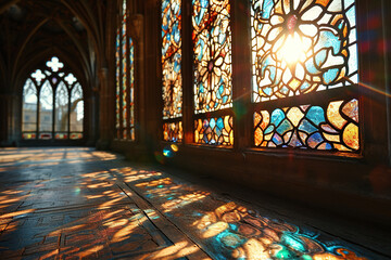 The sun's rays pass through stained glass in a spacious building. Generated by artificial intelligence