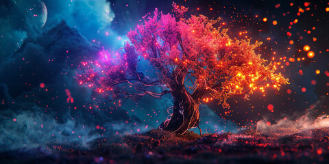 Fantasy magic tree, landscape, abstract neon background.