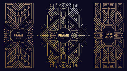 Vector set of art deco geometric frames, line gold borders, vintage luxury gatsby style ornaments. Retro elegant package, wedding invitation, monogram badge