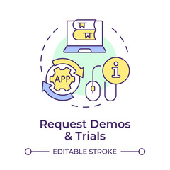 Request demos and trials multi color concept icon. Book preview, user experiences. Round shape line illustration. Abstract idea. Graphic design. Easy to use in infographic, blog post