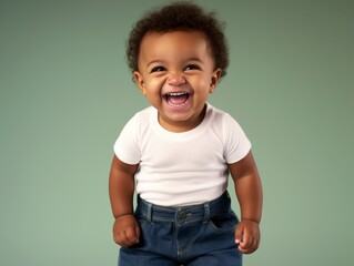 Smiling Baby in White Shirt and Blue Jeans