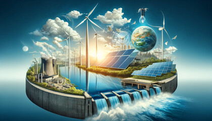 Harmony of Renewables: Collage of Wind, Solar, and Hydro Power