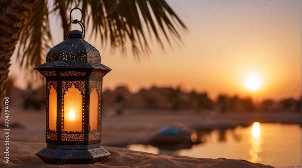 Wall mural ramadan background, copy space, arabic lantern on sand on sunset background