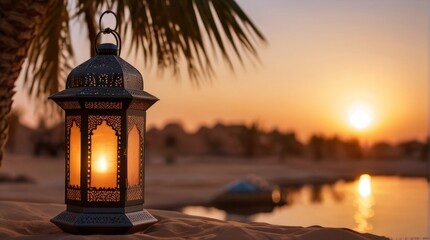 Obraz premium Ramadan background, copy space, arabic lantern on sand on sunset background