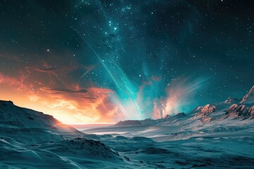A glowing blue and orange aurora borealis over a snowy landscape