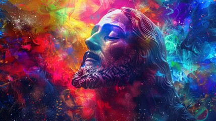 Vibrant Jesus Christ Portrait in Color Splashes - Abstract and colorful representation of Jesus Christ's face in a modern artistic style, symbolizing spirituality amidst chaos - obrazy, fototapety, plakaty