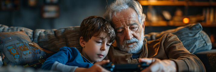 Grandfather and grandson playing video games together. Intergenerational bonding and leisure time concept. Design for family entertainment, lifestyle articles, and digital literacy promotion