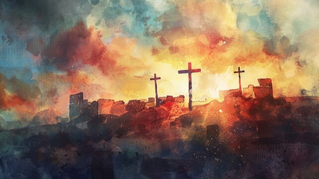 Vibrant sunset with crosses on hilltop - This striking image showcases an artistic take on a sunset with crosses silhouetted against the vivid sky