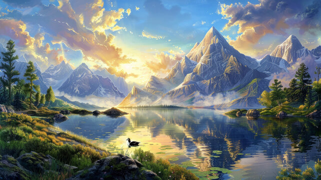 Peaceful mountain lake at sunrise - A tranquil and picturesque scene of a serene mountain lake at sunrise with a lone duck