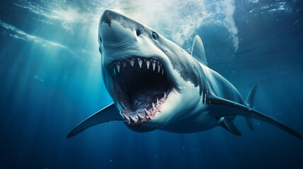 A great white shark with its mouth open in the ocean
