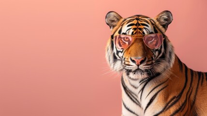 Tiger wearing hipster glasses on pink background - A humorous take on wildlife photography, with a majestic tiger donning trendy hipster glasses against a soft pink backdrop - obrazy, fototapety, plakaty