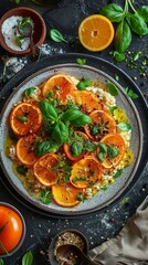 A plate of a dish with oranges and other vegetables on it, AI