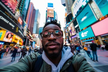 Tourist selfie in Times Square, New York - An exciting selfie of a tourist enjoying the hustle and bustle of Times Square, New York - obrazy, fototapety, plakaty