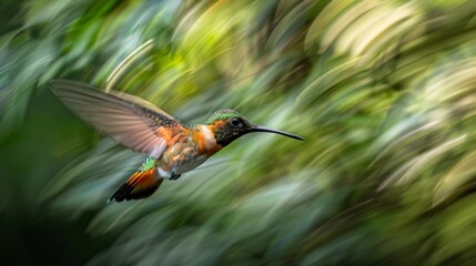 A colorful bird flying through a blurry background of trees, AI