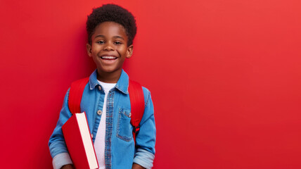 Smiling boy against a red background - Happy young boy with books against a vibrant red backdrop - obrazy, fototapety, plakaty