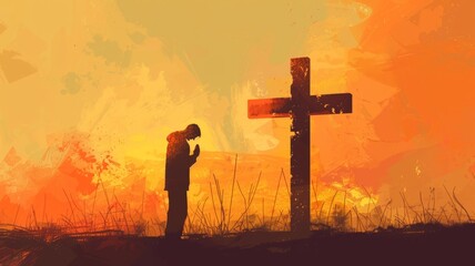 Silhouette of a woman praying at a crimson cross - An emotional depiction of devout faith, with a kneeling woman silhouetted against a glowing, sunset-lit cross - obrazy, fototapety, plakaty