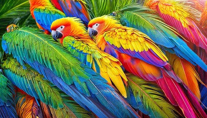 Obraz premium Tropical Kaleidoscope: Vibrant Feathers of Exotic Birds in a Colorful Tapestry