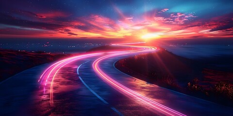 The dynamic path reminiscent of a fast-moving highway in a virtual reality setting illuminated by futuristic neon lights. Concept Futuristic, Virtual Reality, Highway, Neon Lights, Dynamic Path