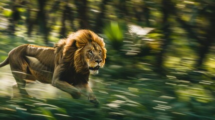A lion running through the woods with trees in background, AI