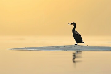 Bird Perched on Small Island in Ocean