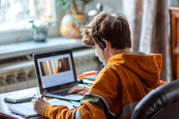 Focused student engaged in online learning, Caucasian teen boy with opened laptop, headphones, highlighting modern education and technology use in youth - obrazy, fototapety, plakaty