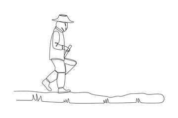 Single one line drawing of A farmer is preparing land and seeds for planting. Farming challenge minimal concept. Continuous line draw design graphic vector illustration.