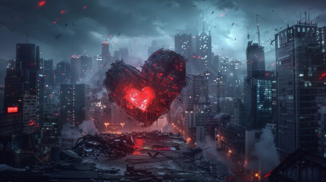 A heart shaped object in the middle of a city with red lights, AI