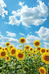 Sunflowers in Field Under Cloudy Sky