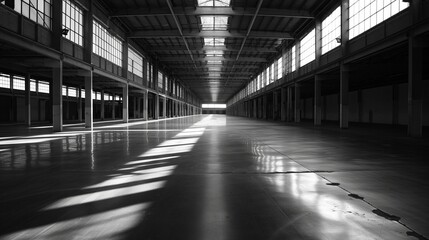 Obraz premium Black and white image of empty warehouse.