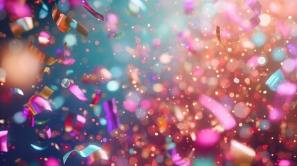 Dynamic background with swirling particles and colorful confetti.