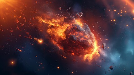Fototapeta na wymiar Fiery explosion of a red-hot asteroid hurtling through space.